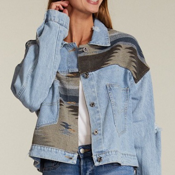 Southwest Aztec Blanket Denim Distressed Jacket - Picture 4 of 6
